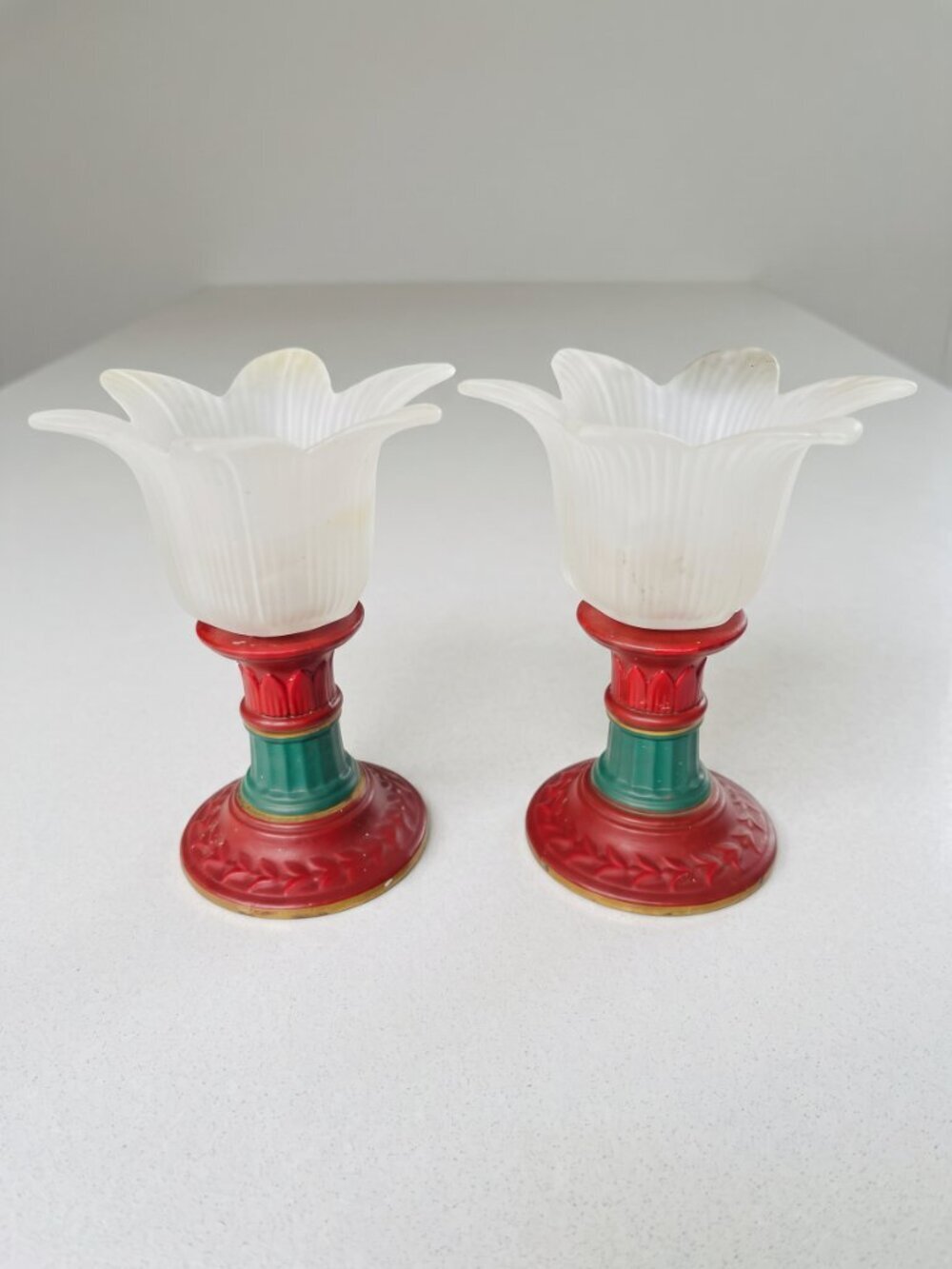Vintage Portuguese Frosted Tulip Glass Candle Holders Set of 2 6" Tall